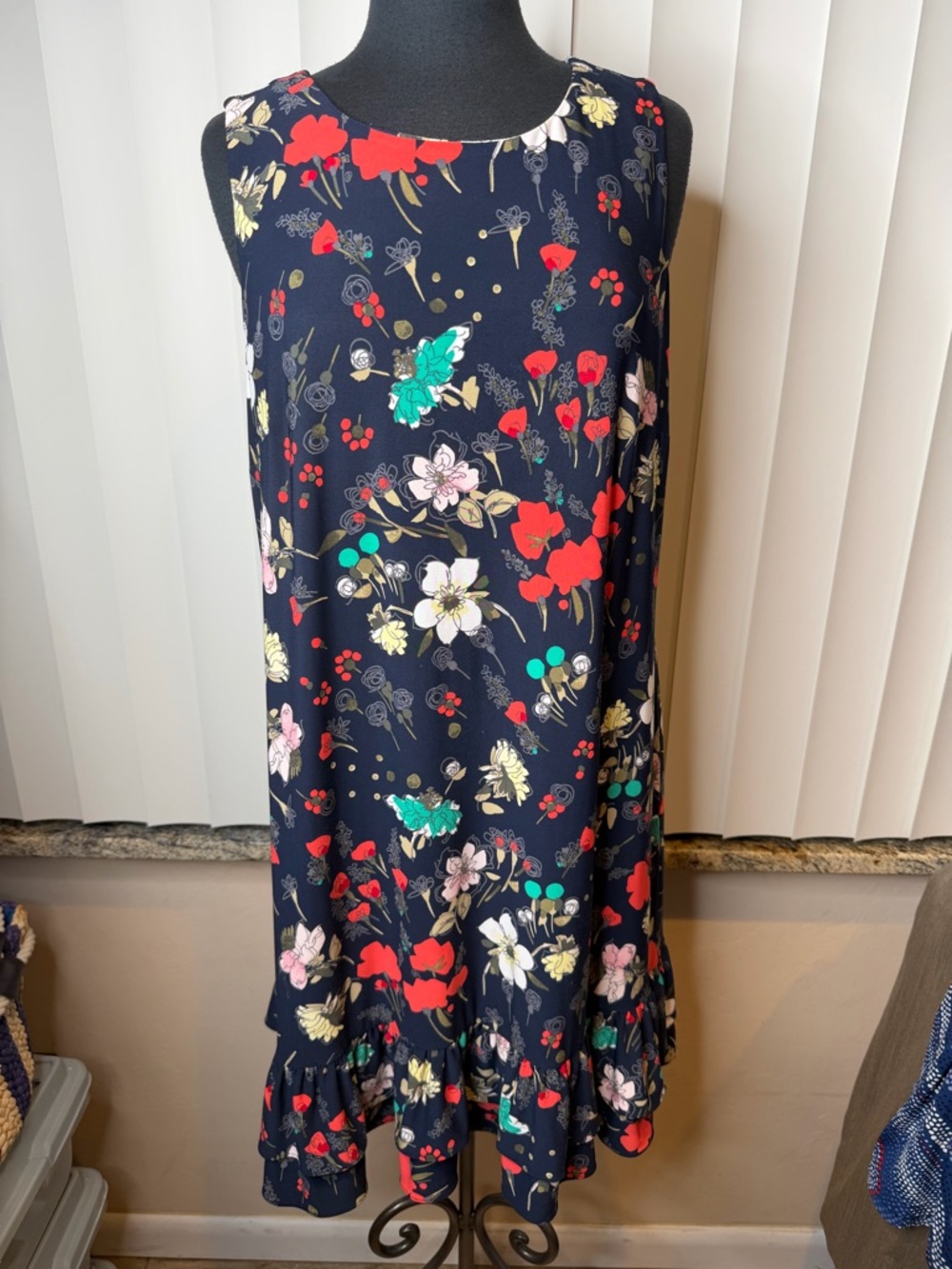 Tommy Hilfiger Women's Blue Floral-Print Ruffled-Hem Shift Dress Woman Size 14
